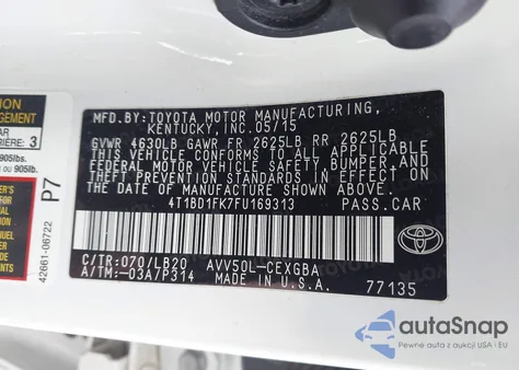 2015 Toyota Camry Hybrid Xle z USA, uszkodzony, nr VIN 4T1BD1FK7FU169313